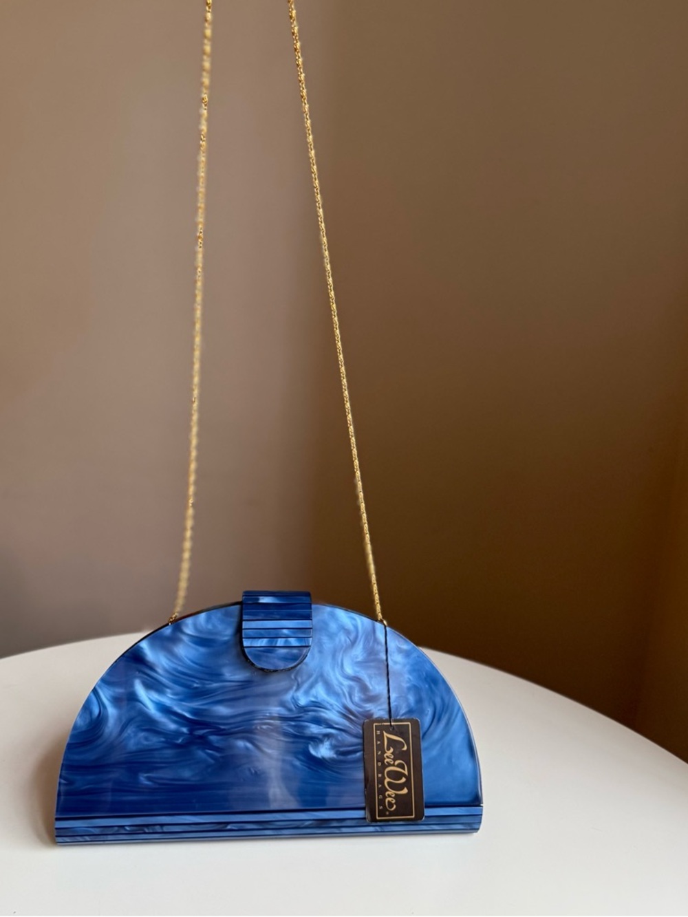 Vintage Lee Wee Hand Bag Unique Blue Marble Acrylic Half Moon Purse Gold Chain